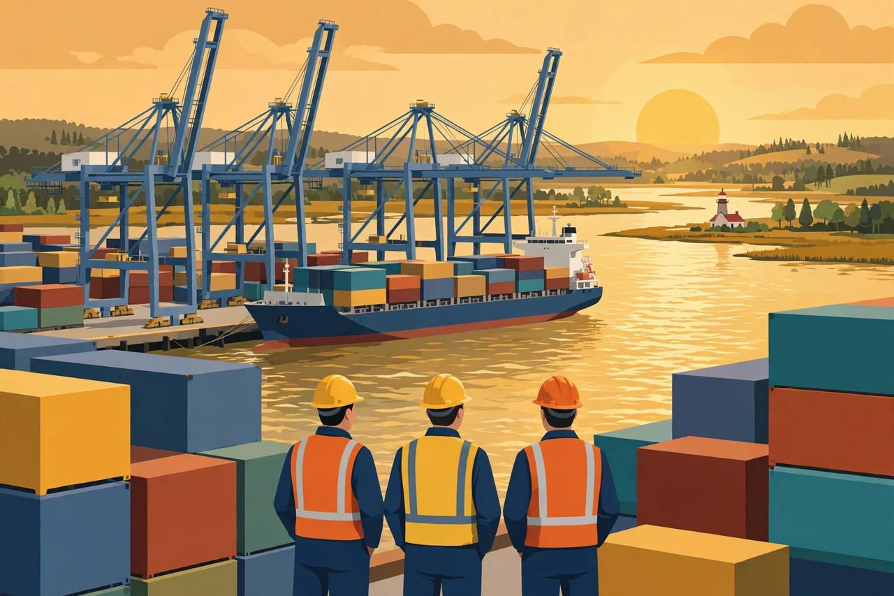 Editorial illustration of a busy port with container cranes, a cargo ship and shipyard workers
