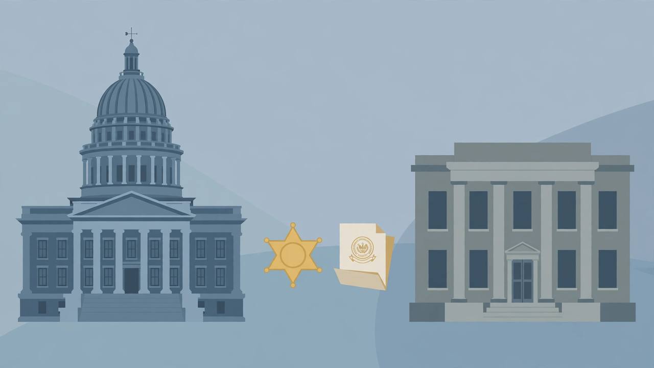 Editorial illustration of a state capitol dome and a courthouse with a sheriff star badge and a sealed document, flat style, no people or faces
