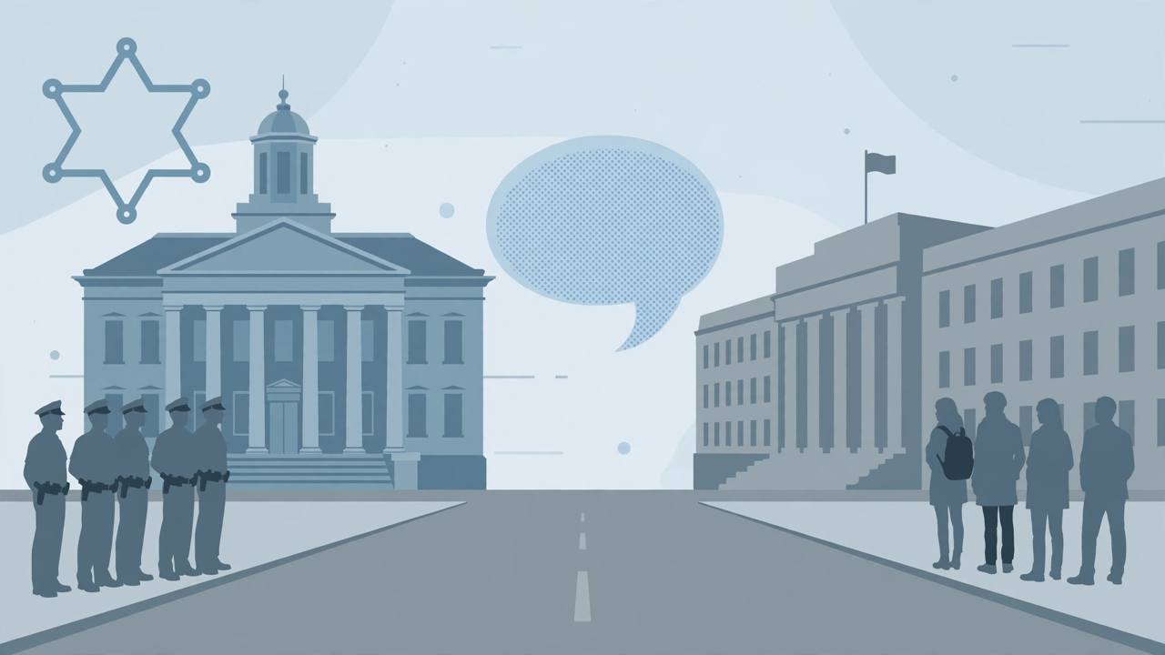 Editorial illustration of a generic Maryland courthouse, a sheriff badge outline and a federal building silhouette, flat style, no real person, no text