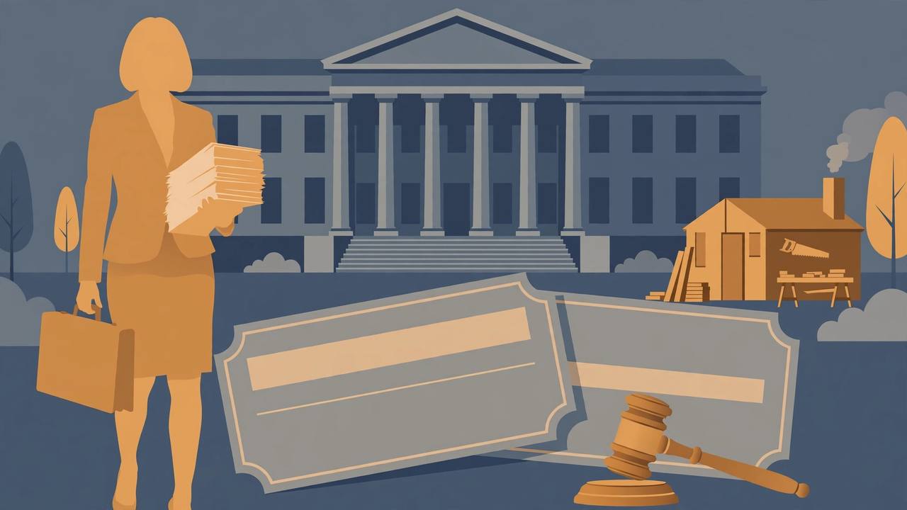 Editorial illustration of a federal courthouse in Maryland with a businesswoman carrying loan documents, a woodworking workshop and a gavel
