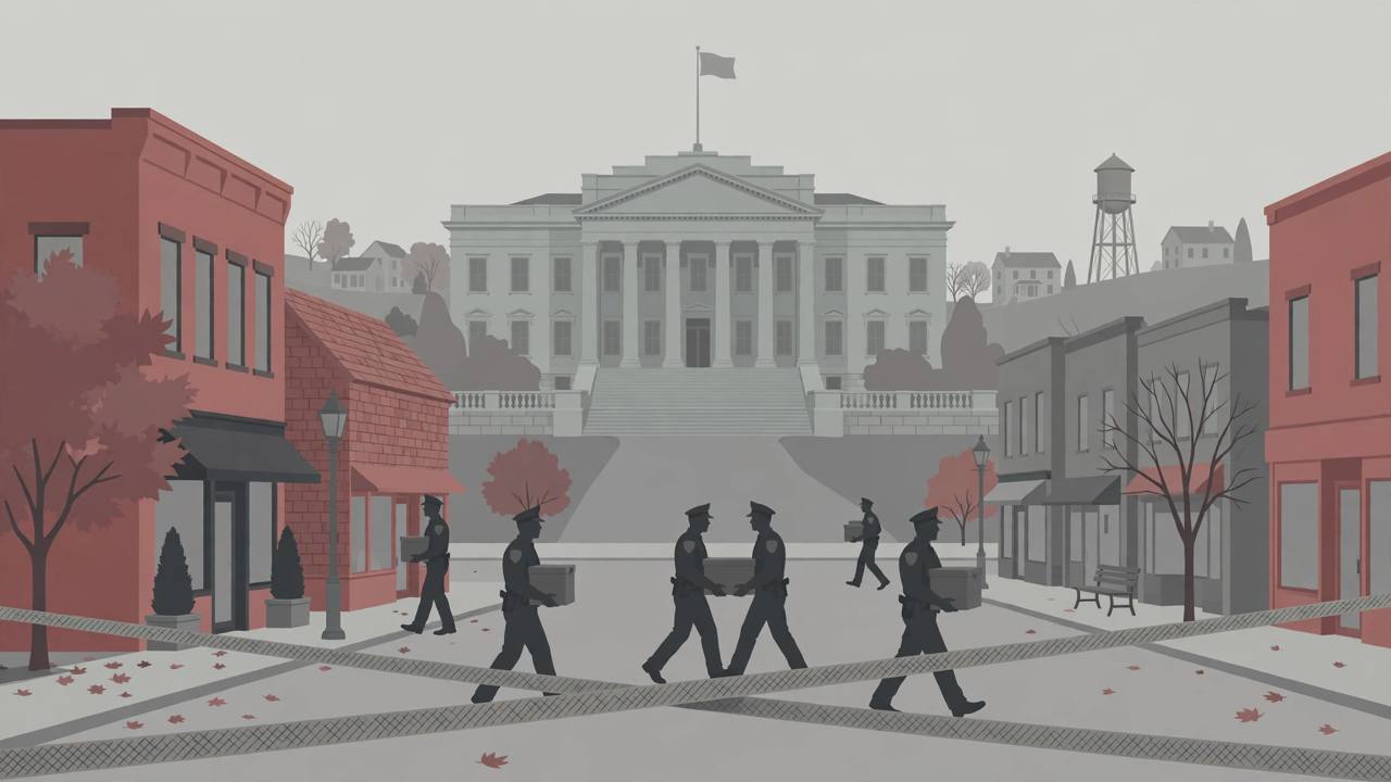 Editorial illustration of a generic Massachusetts small-town street and courthouse, generic silhouetted officers carrying evidence boxes, flat style, no real person, no text