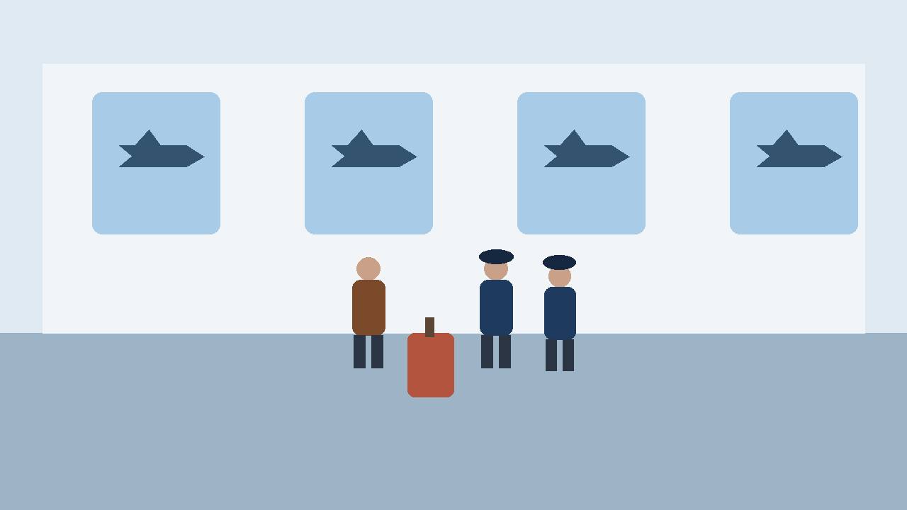 Editorial illustration of a generic traveller with a suitcase being stopped by two generic officers inside an airport terminal, flat style, no real person depicted, no text