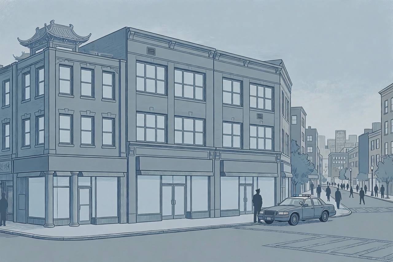 Editorial illustration of a downtown Boston Chinatown street corner with generic bank storefronts and a parked police cruiser; generic silhouetted figures only, no real person is depicted