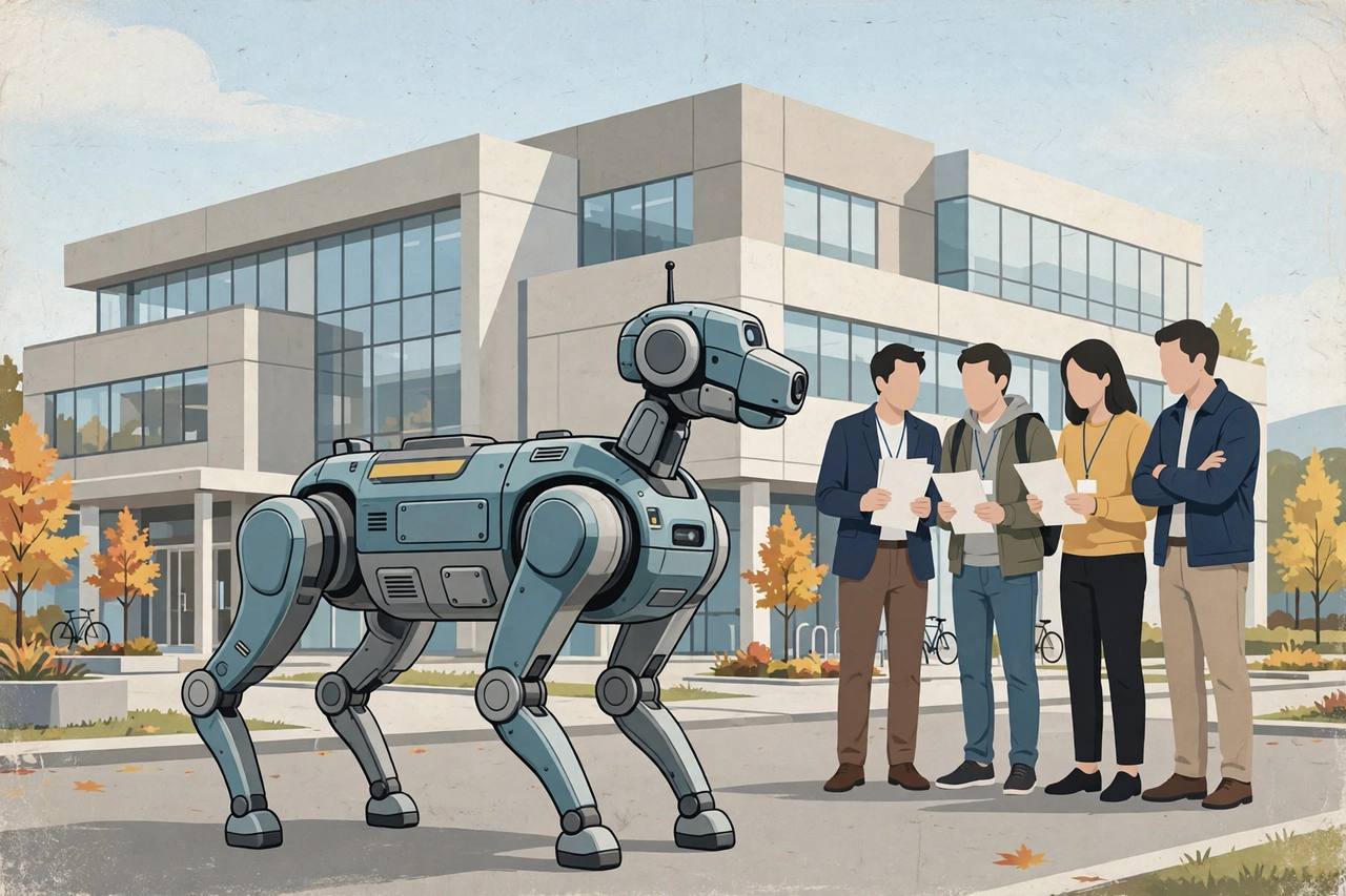 Editorial illustration of a four-legged robot dog in front of a generic robotics company office in Massachusetts, with generic workers holding blank petition papers