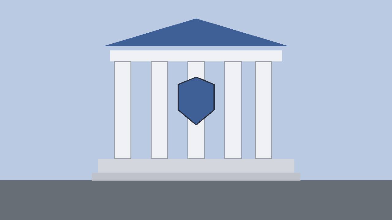 Editorial illustration of a generic courthouse facade with columns and a shield, flat style, no real person, place or incident depicted, no text