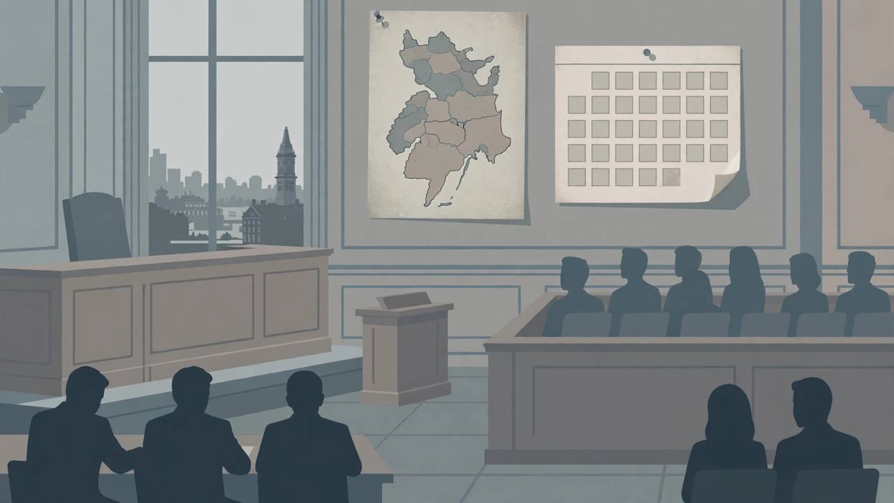 Editorial illustration of a federal courtroom with a witness stand, jury box and a faded map of Rwanda in the background