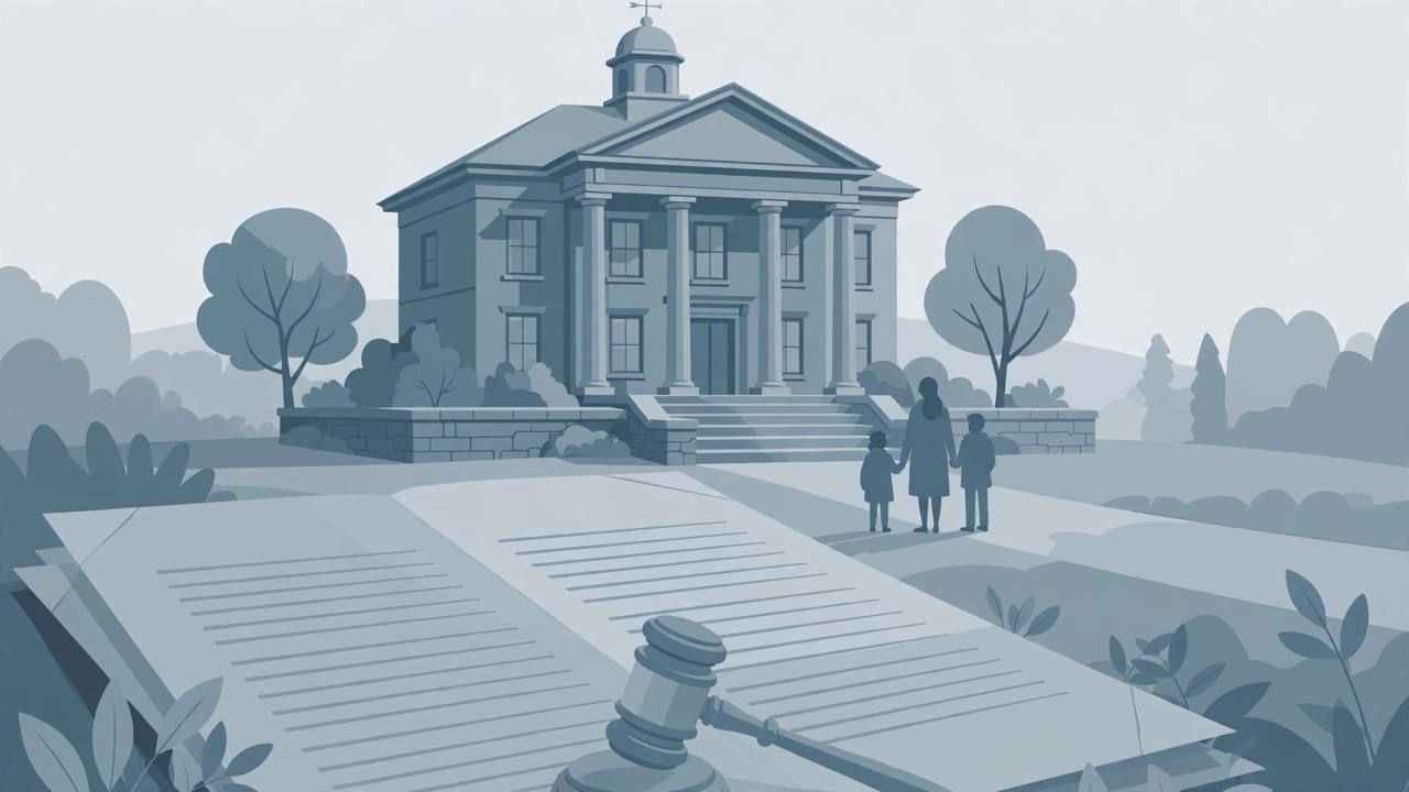 Editorial illustration of a Massachusetts courthouse with a legal document and gavel in the foreground and a mother holding her two children's hands at a distance