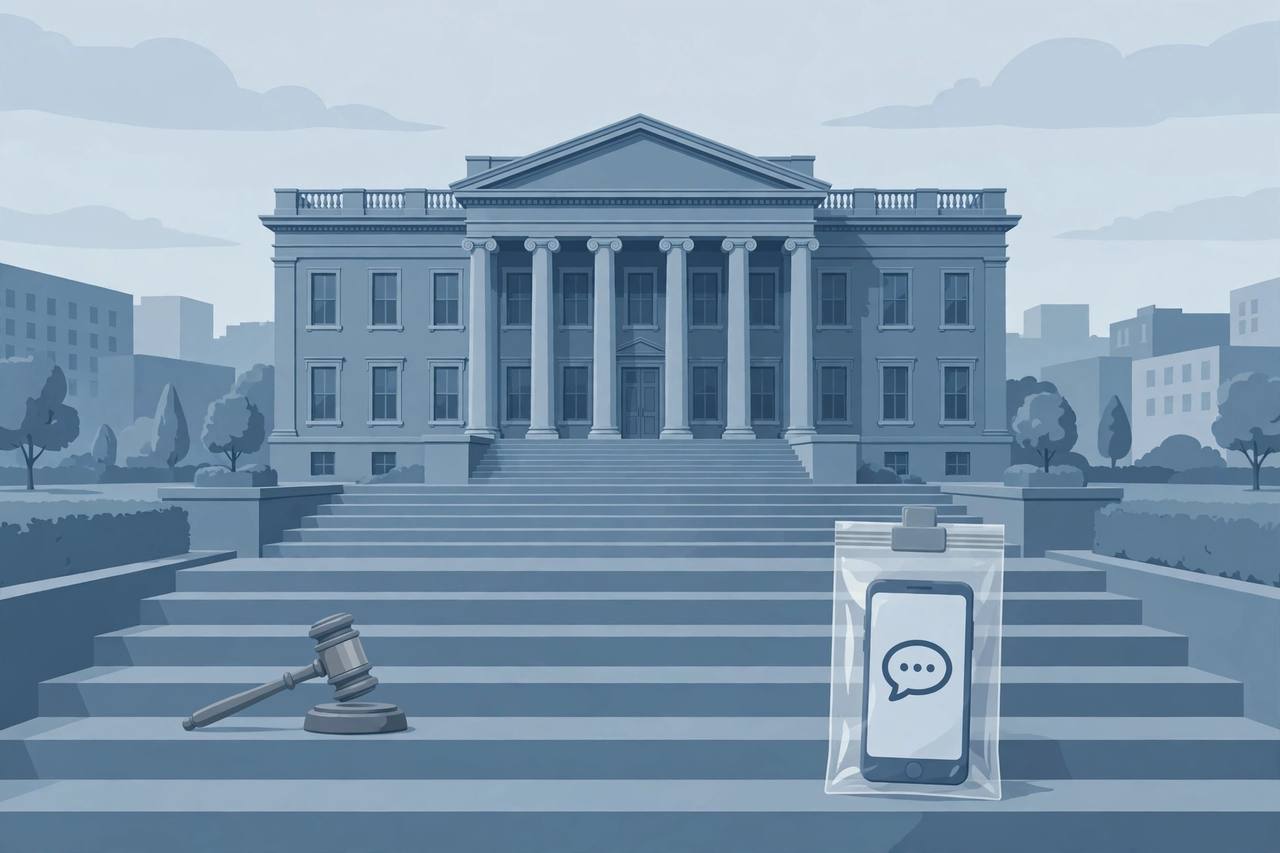 Editorial illustration of a generic federal courthouse in Boston with a gavel and a smartphone shown as sealed evidence