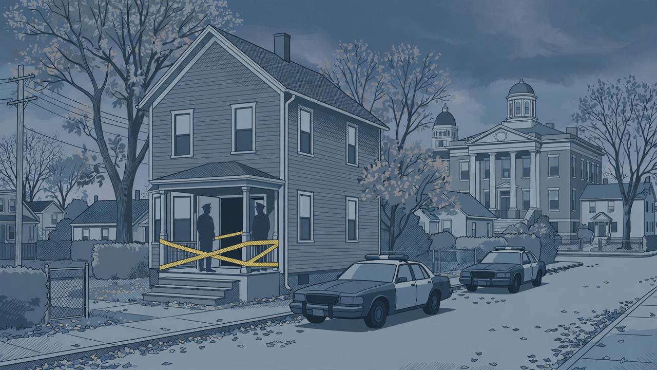 Editorial illustration of a Massachusetts residential street with police vehicles outside a house and a courthouse in the background