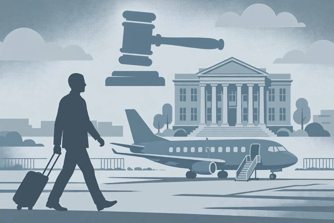 Editorial illustration of a generic airport departure and courthouse scene, flat style, no real person depicted