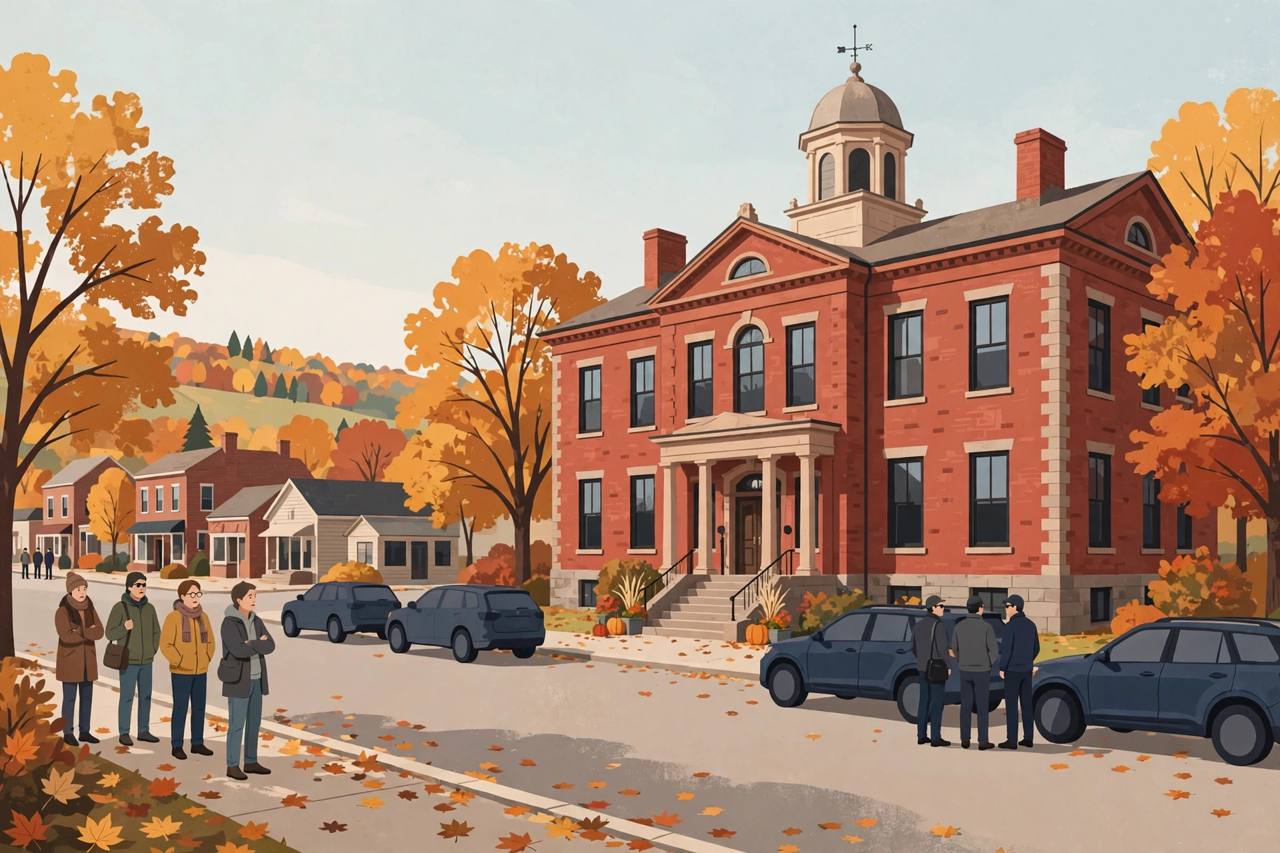 Editorial illustration of a red-brick city hall in southeastern Massachusetts in autumn, with generic officers beside unmarked vehicles and residents watching