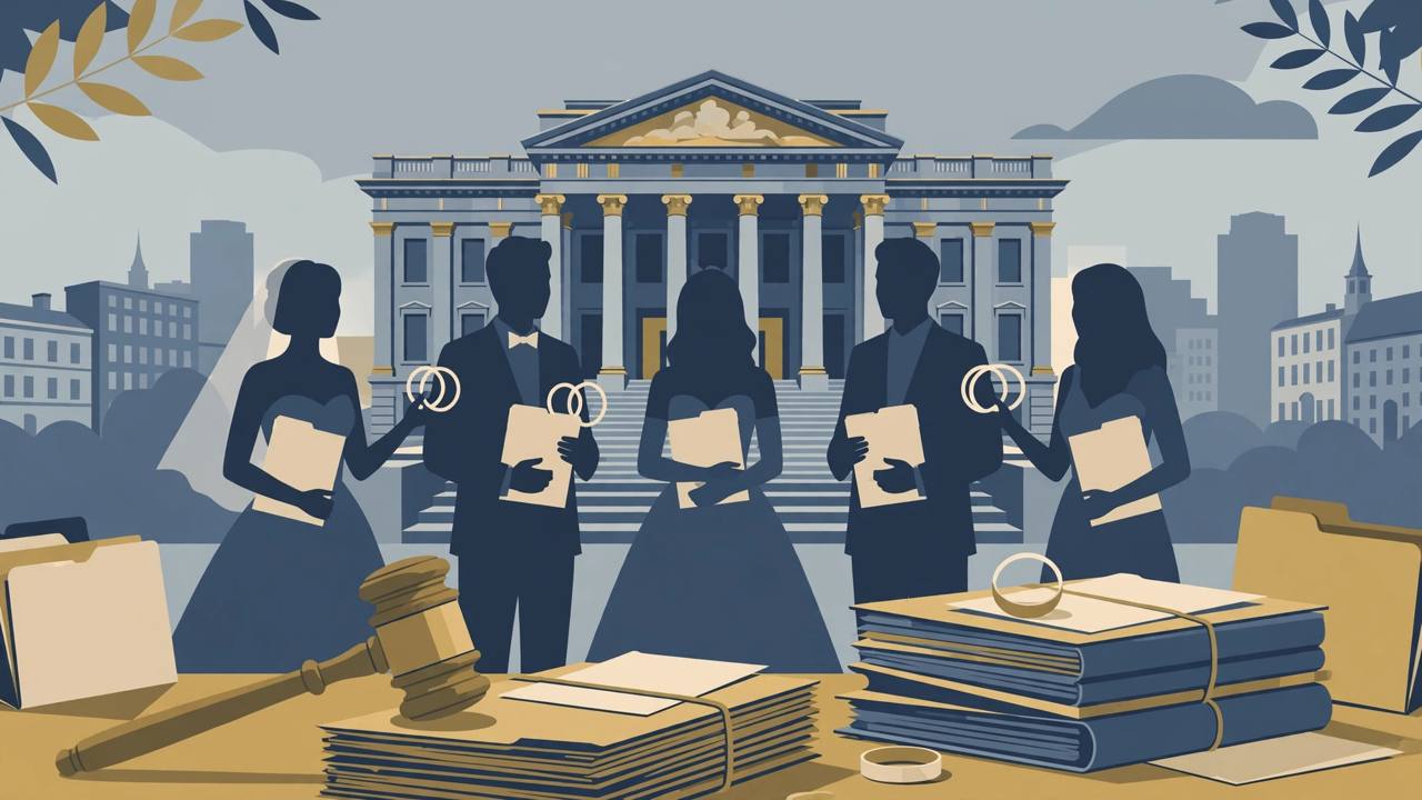Editorial illustration of a courthouse with generic figures in wedding clothes holding document folders and paper rings