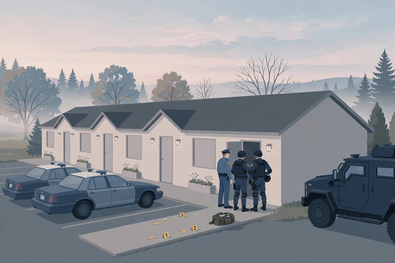 Editorial illustration of police cars and a SWAT vehicle outside a small roadside motel at dawn, with officers standing at a motel room door and evidence markers on the walkway. (Editorial illustration)