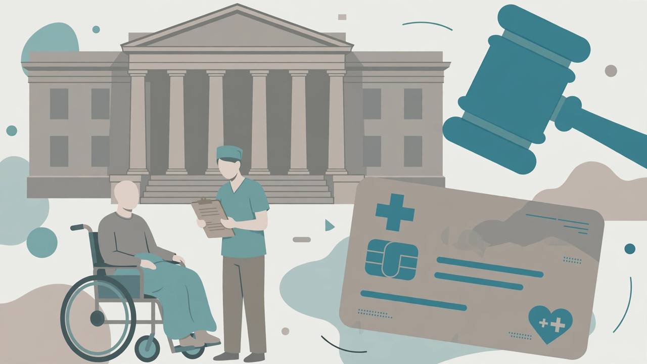 Editorial illustration of a Boston federal courthouse with a generic patient in a wheelchair and a nurse holding a medical file in front