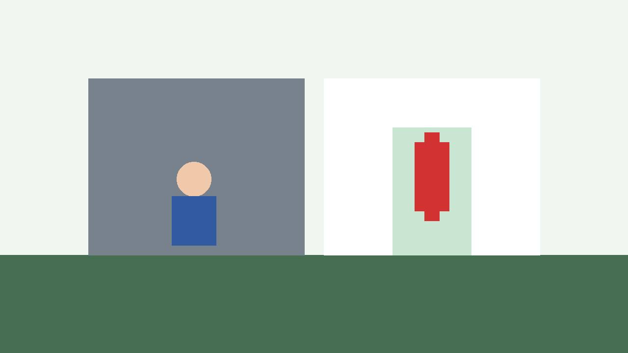 Editorial illustration of a gate opening toward a health clinic with a red cross, flat style, generic figure with no face, no text