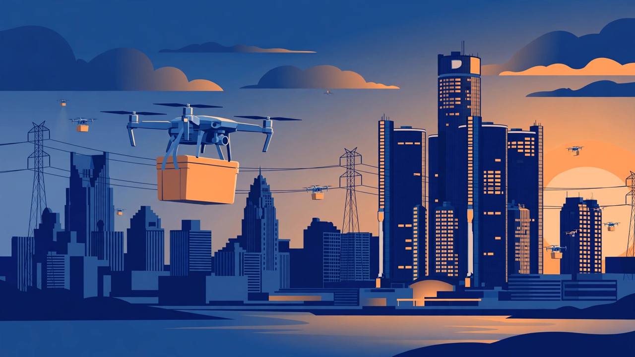 Editorial illustration of a small delivery drone carrying a medical cooler over a stylized Detroit skyline at dawn, with other drones inspecting power lines and buildings in the distance