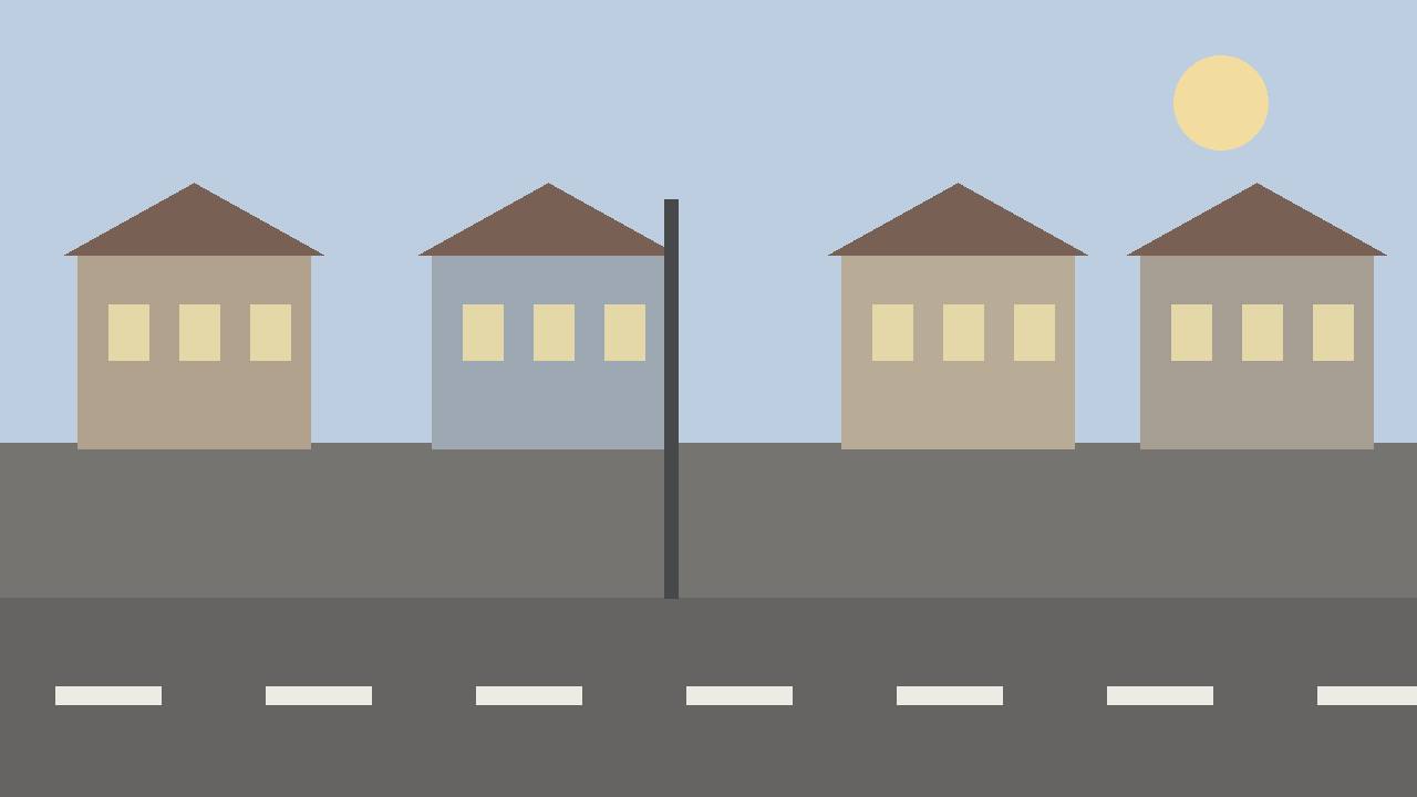 Editorial illustration of a generic quiet residential street with plain low houses, flat style, no people, no vehicles, no incident, no text, no real place depicted