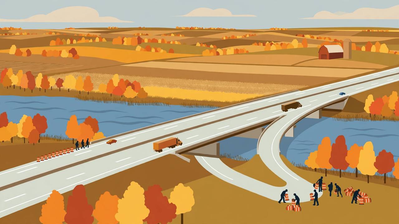 Editorial illustration of a freshly rebuilt interstate highway crossing a river in autumn in southwest Michigan, semi trucks on new pavement, a reopened entrance ramp and road crews removing orange construction barrels