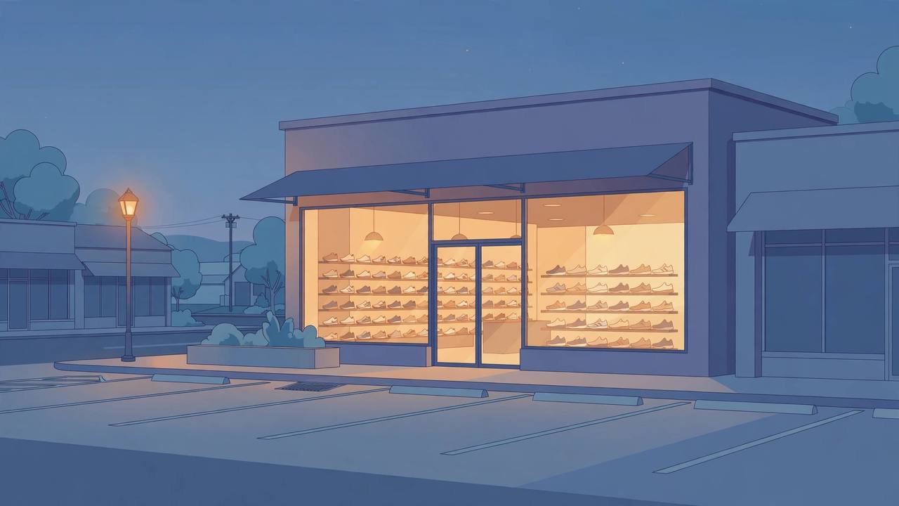 Editorial illustration of a generic sneaker store front at dusk with shoes in the window, flat style, no people and no real place depicted