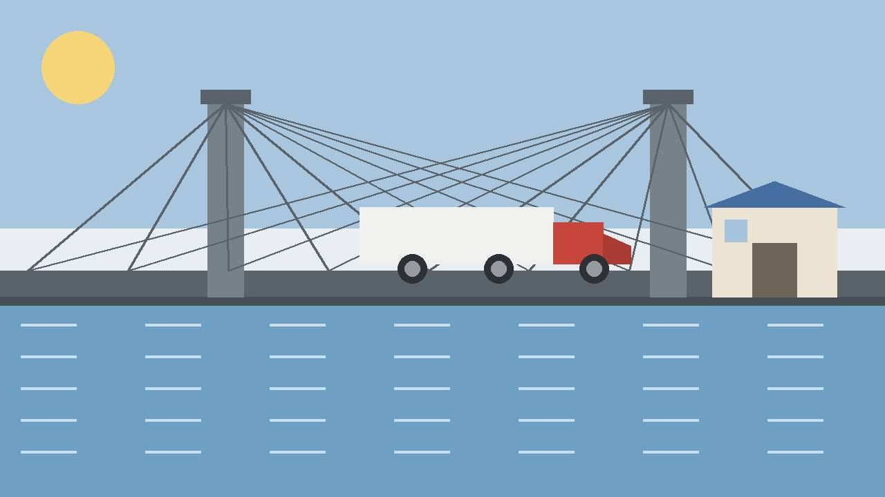 Editorial illustration of a generic suspension bridge, a commercial truck and a border checkpoint booth — no people, logos or actual location depicted