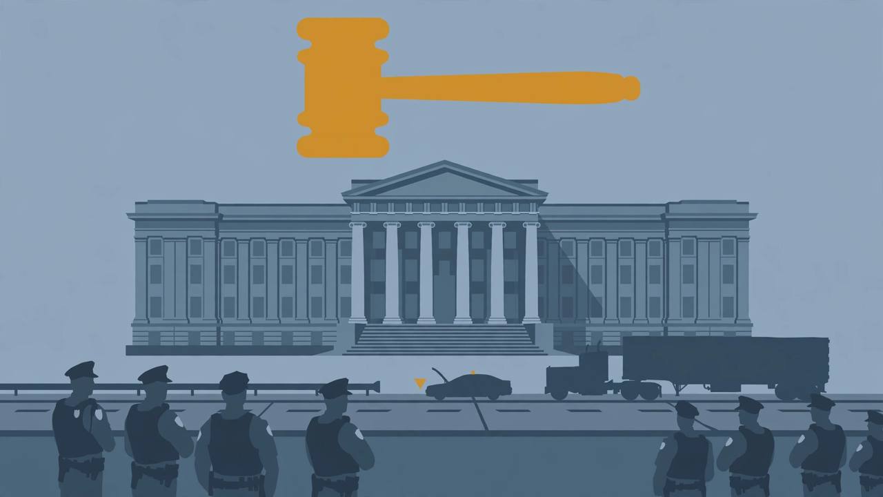 Editorial illustration of a federal courthouse with generic law-enforcement figures and a highway scene in the foreground, flat style, no real person depicted
