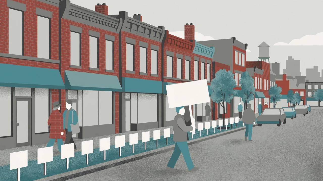 Editorial illustration of a Detroit commercial street with small blank yard signs in front of storefronts; no real person is depicted and no sign carries text