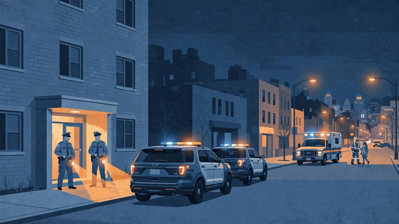 Editorial illustration of generic police officers at a plain apartment building at night in Detroit, flat style, no text, no real person depicted