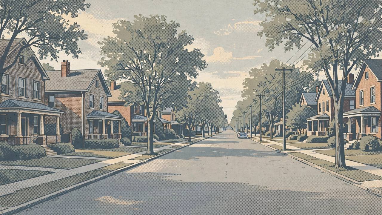Editorial illustration of a quiet tree-lined residential street with brick houses in Detroit, Michigan, flat style, no people, no incident depicted, no text