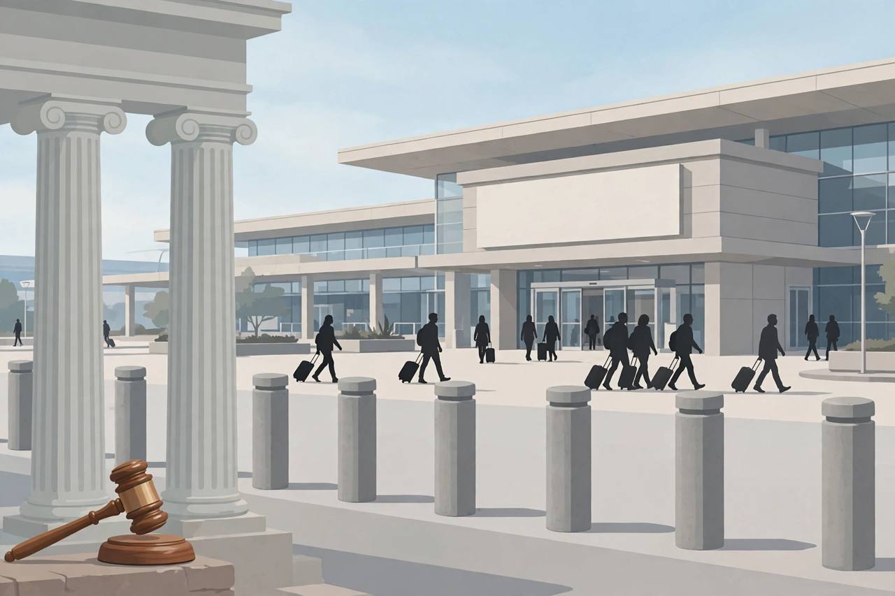 Editorial illustration of an airport terminal entrance with concrete security bollards and a courthouse motif suggesting criminal charges