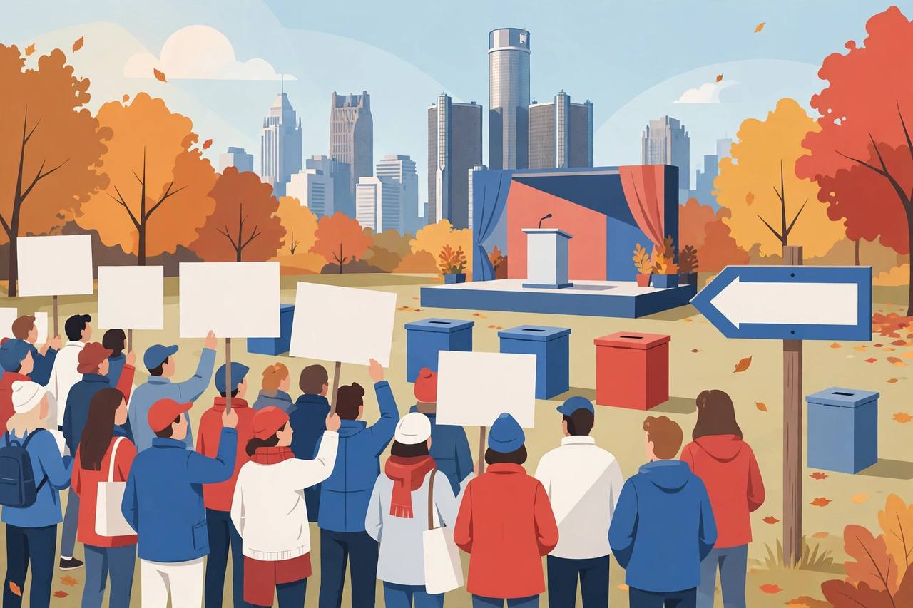 Editorial illustration of a generic election rally crowd in Detroit with an empty stage podium, flat style, no real person's face or likeness depicted