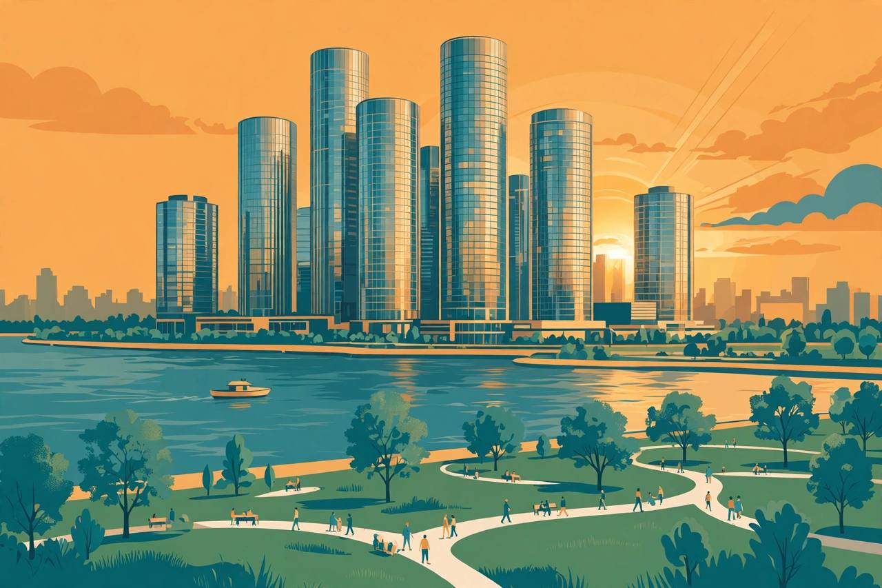 Editorial illustration of cylindrical glass towers on a riverfront with a green public park and people walking along the river