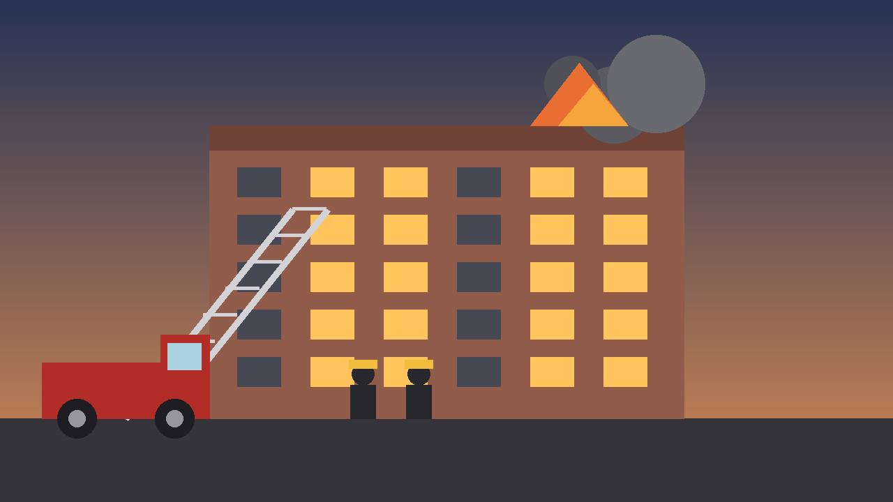 Editorial illustration of firefighters using ladders to rescue residents from a burning apartment building in Detroit at dawn, flat style, generic figures, no real person depicted