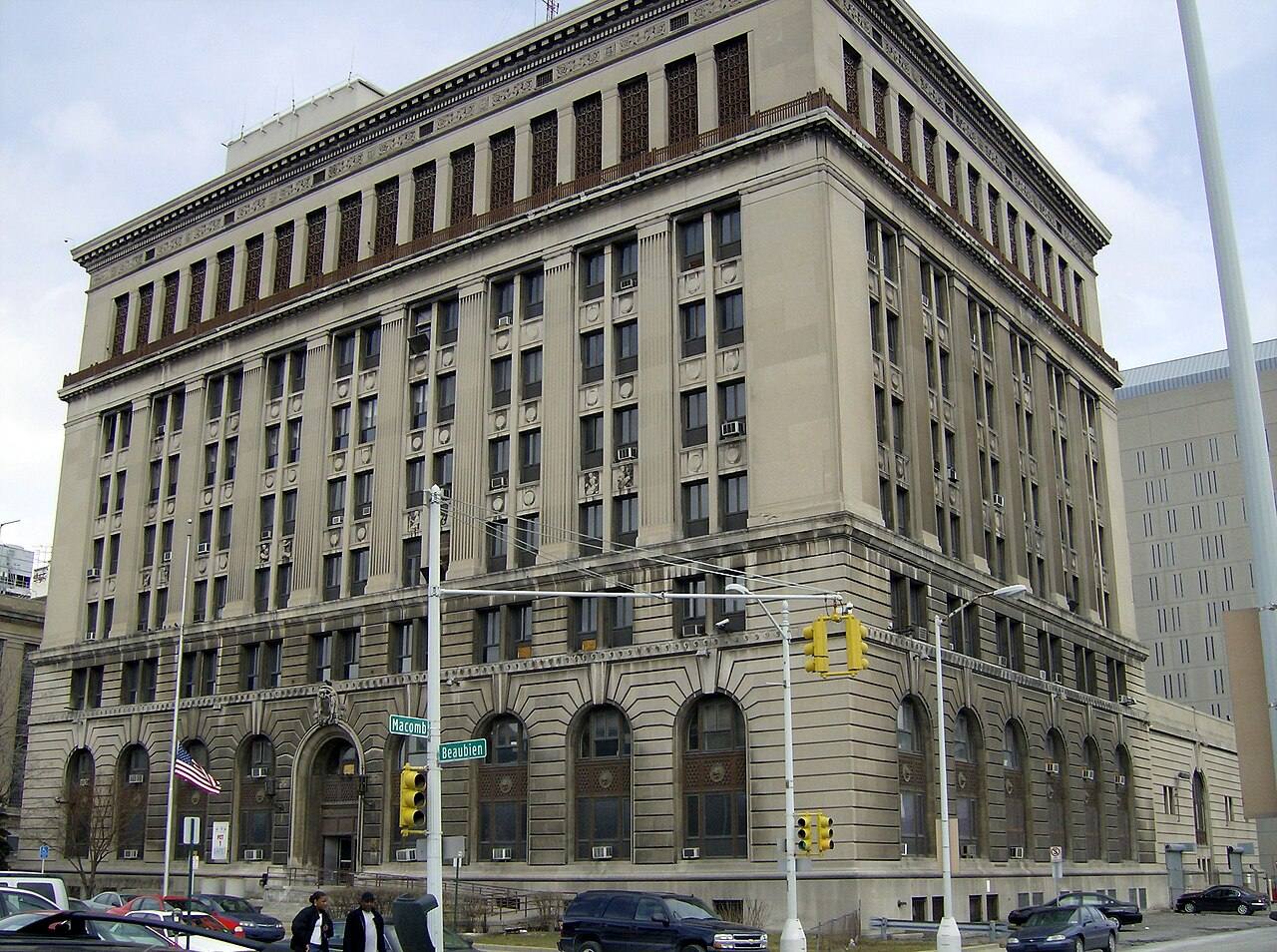 The historic former Detroit Police Headquarters building at 1300 Beaubien in Detroit, Michigan