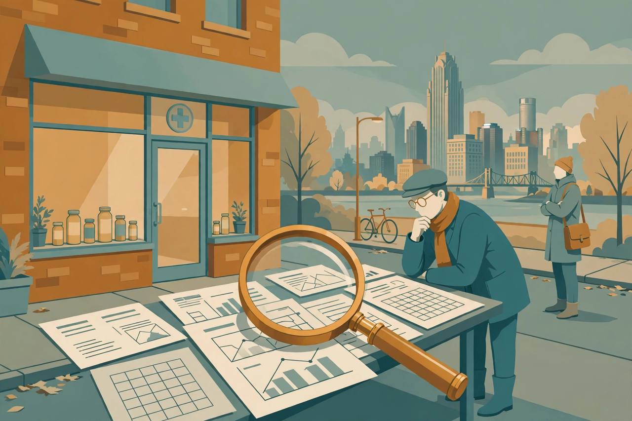 Editorial illustration of a generic medical clinic storefront with unlabelled prescription bottles and a magnifying glass over paperwork, no people depicted