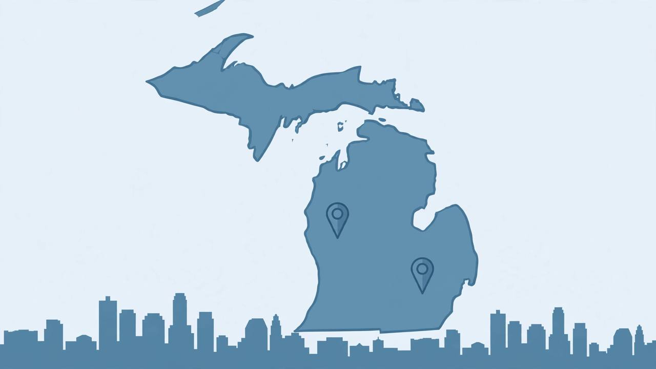 Editorial illustration of a Michigan state map with location pins over Detroit and Grand Rapids and a city skyline, flat style, no real person