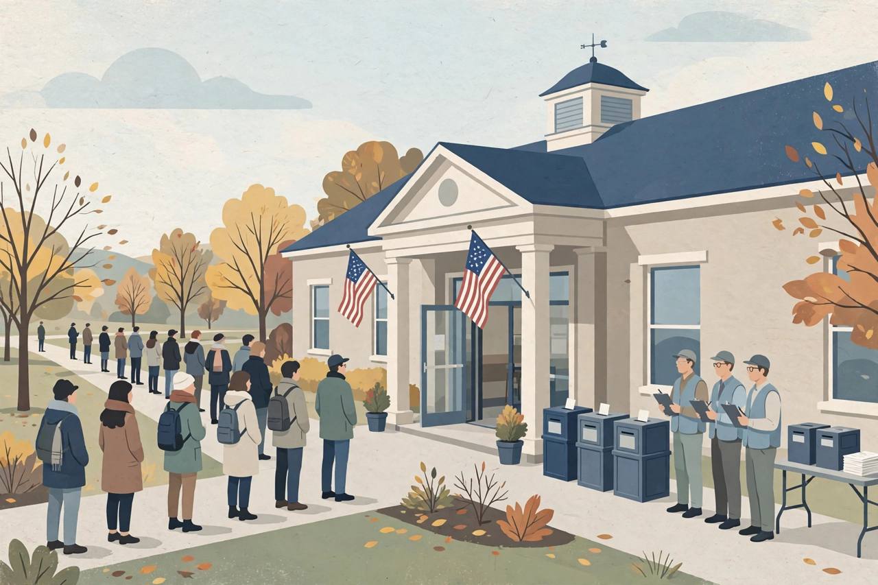 Editorial illustration of a generic polling place with voters queuing and neutral observers with clipboards standing aside, flat style, generic figures only, no text — no actual person or place is depicted