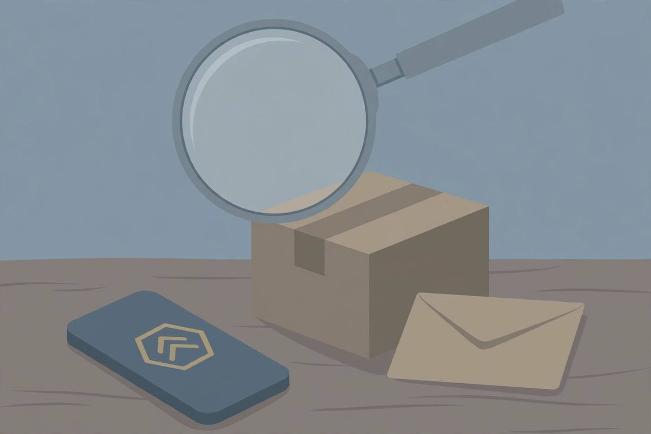 Editorial illustration of a smartphone with an abstract coin symbol, a sealed shipping box and an envelope under a magnifying glass, flat style, no text, no real person, no readable numbers