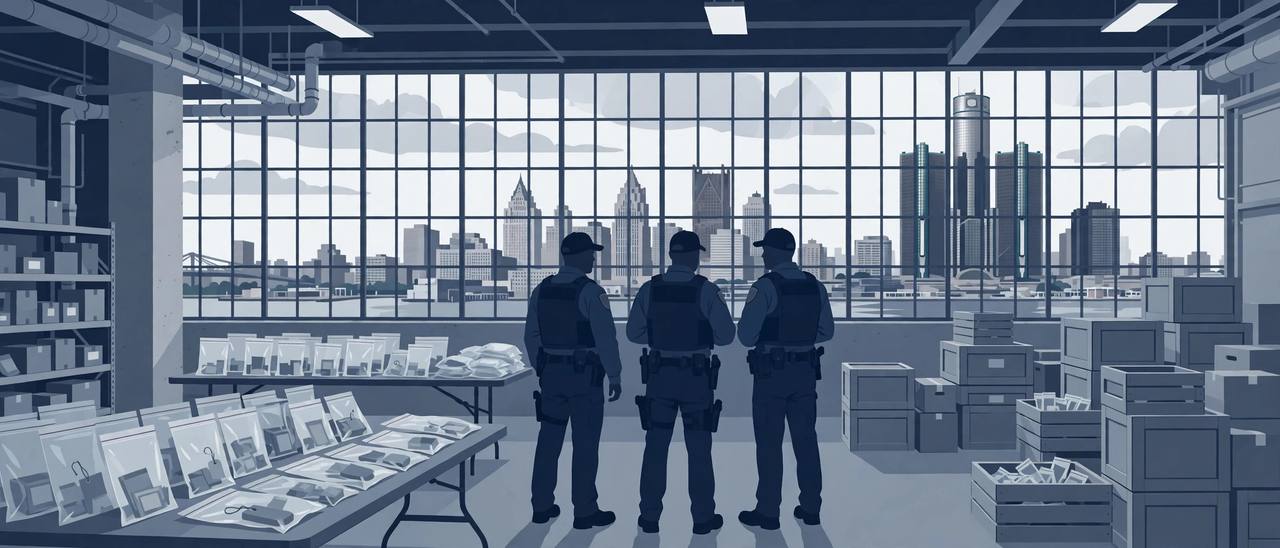 Editorial illustration of federal officers beside tables of seized evidence in Detroit