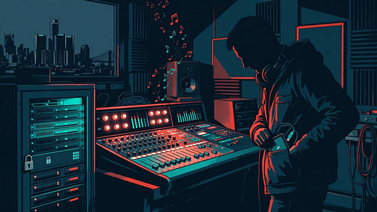 Editorial illustration of a silhouetted studio engineer slipping a hard drive into his pocket beside a mixing desk and locked server rack in a Detroit recording studio