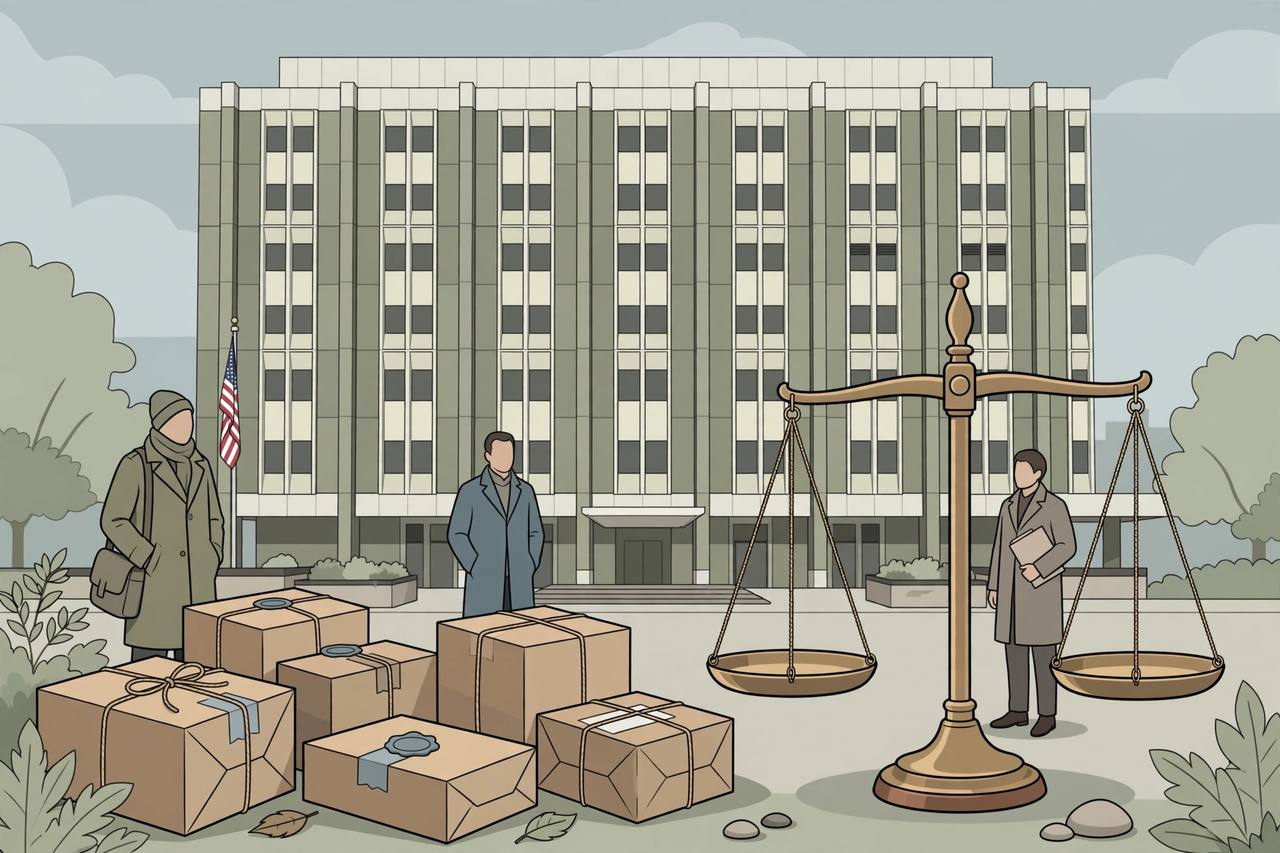 Editorial illustration of a generic federal courthouse in Grand Rapids, Michigan, with sealed postal parcels and a balance scale in the foreground, flat style, no people, no text