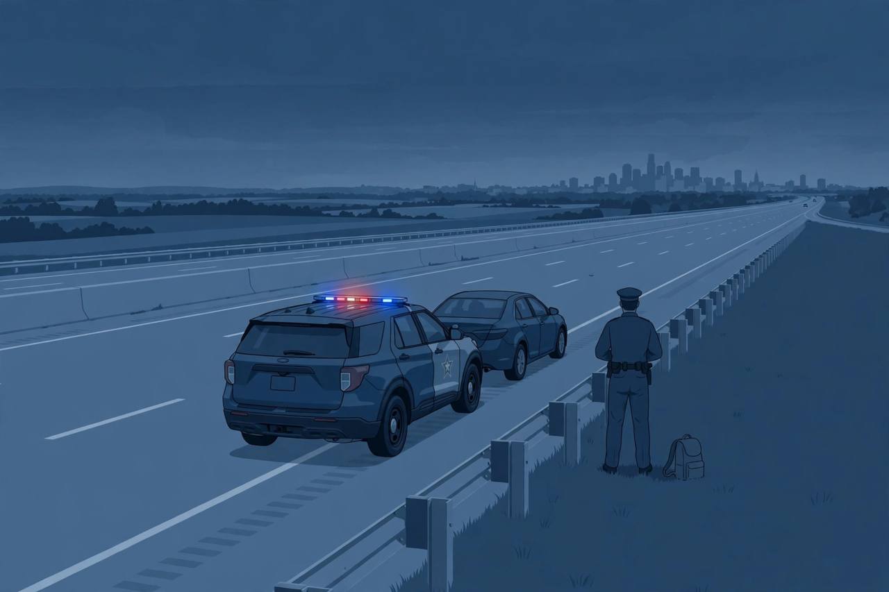 Editorial illustration of a night-time state patrol traffic stop on a Michigan expressway with a backpack on the shoulder