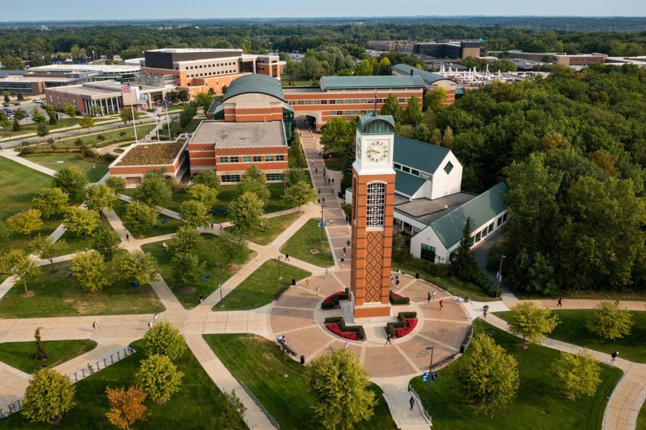 Aerial file photo of the Grand Valley State University Allendale campus and its clock tower in Michigan