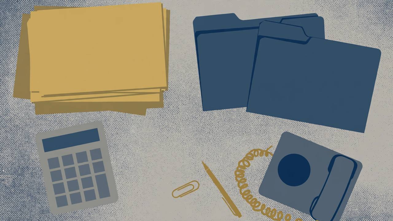 Editorial illustration of a generic office desk with blank payroll folders, a calculator and a telephone, flat style, no people, no text, no real place depicted
