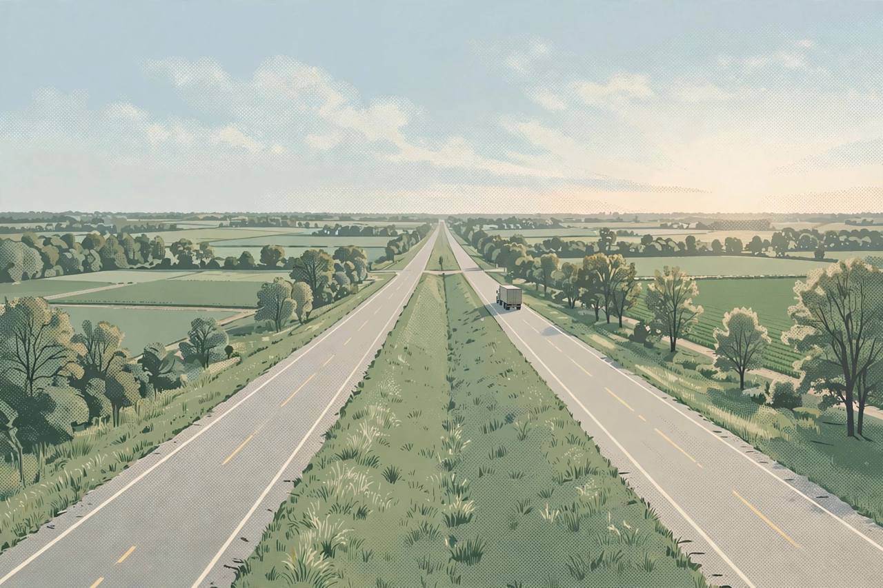 Editorial illustration of Interstate 69 in rural Michigan in morning light, with farmland, a grassy median and a generic semi truck in the distance