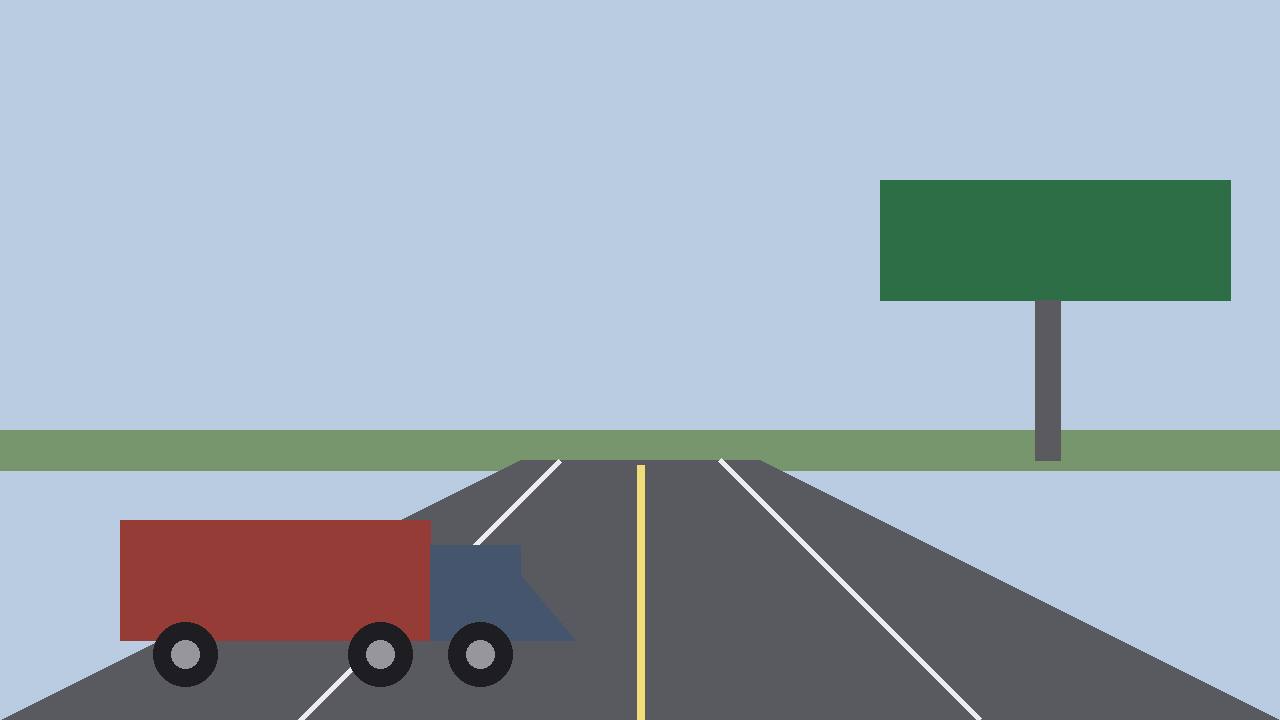 Editorial illustration of a generic interstate highway with a plain semi-truck and a blank overhead road sign, flat style, no crash depicted, no real person, no text
