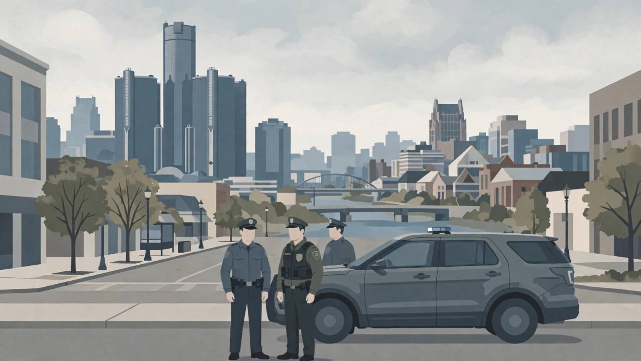 Editorial illustration of generic enforcement officers beside a plain patrol vehicle on a Michigan city street with a skyline behind, flat style, no real person depicted, no text