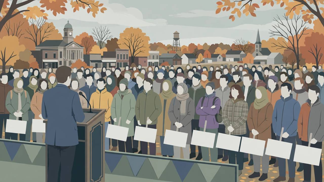 Editorial illustration of a generic speaker at a podium seen from behind at a Michigan campaign rally, facing a diverse crowd of generic figures holding blank placards, with autumn trees and a Midwestern town behind