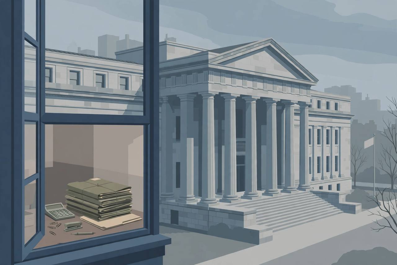 Editorial illustration of a generic federal courthouse with sealed pandemic relief loan folders and a calculator, no people faces and no text