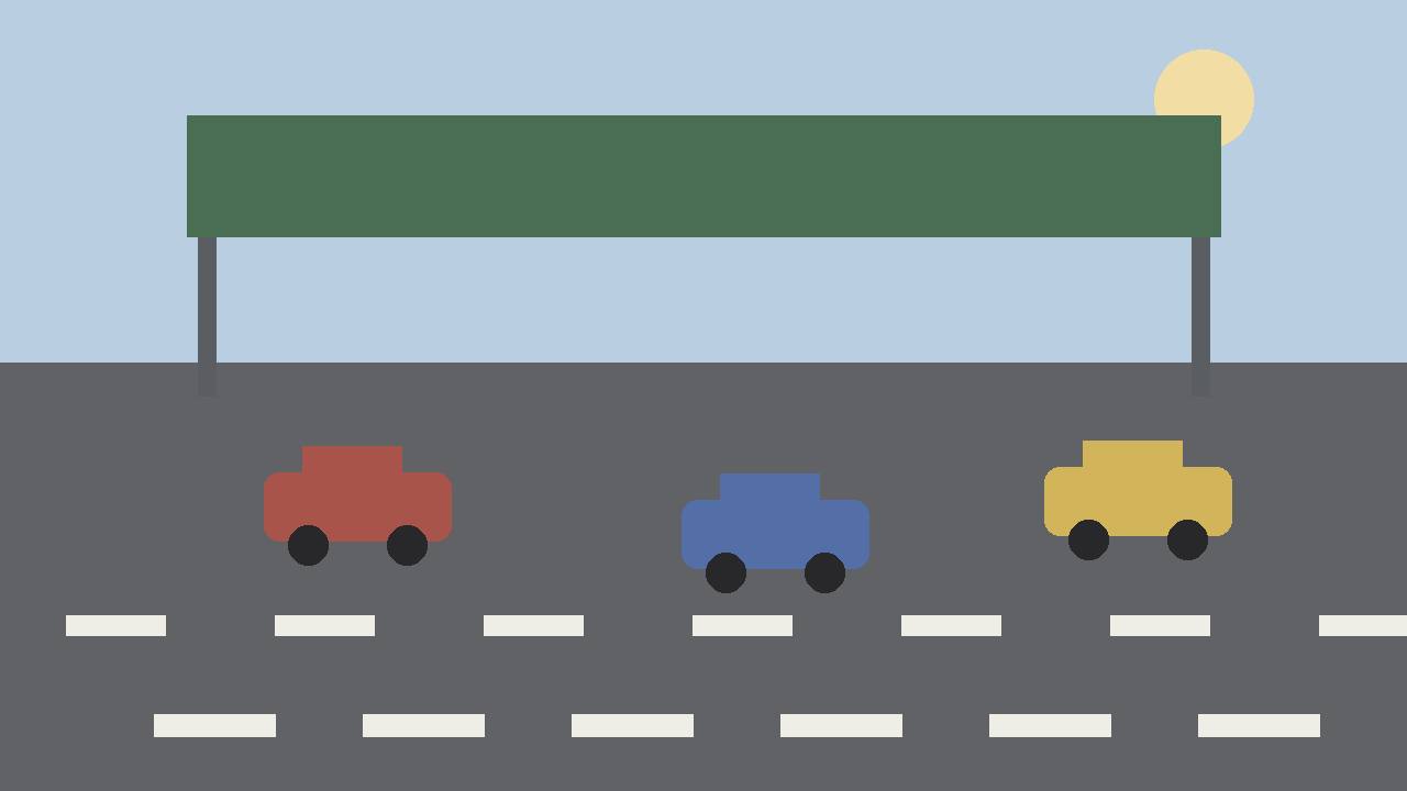 Editorial illustration of a generic multi-lane freeway with an overhead sign gantry and simple generic cars, flat style, no logos, no text, no real place depicted
