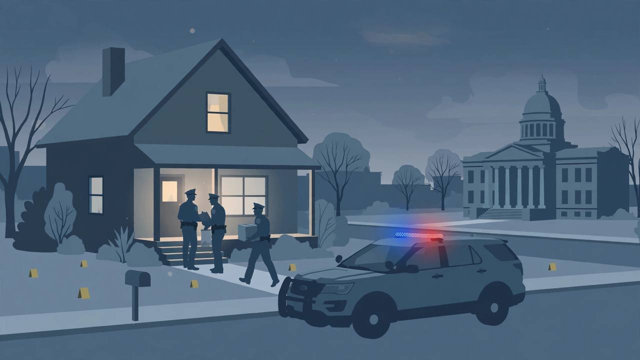 Editorial illustration of generic Michigan state police officers carrying out a search warrant at a generic house at dusk, with a courthouse in the background and generic figures only